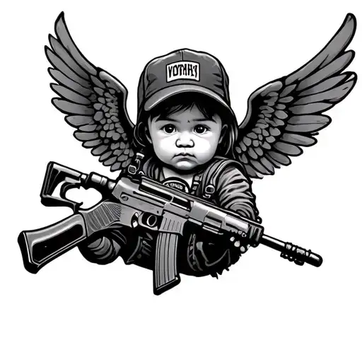 A gangsta babyangle with an ak 47 rifle flying with wings tattoo design idea