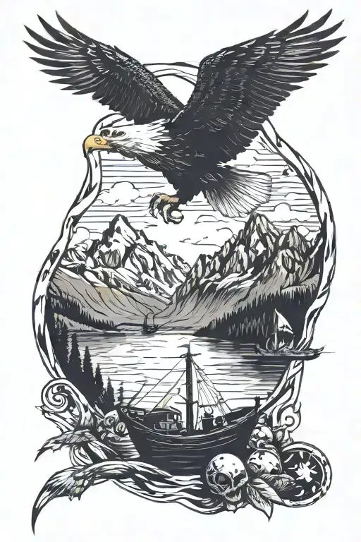 silhouette fishing in a fishing boat in the mountains, eagle soaring in the far distant, playing cards tattoo design idea