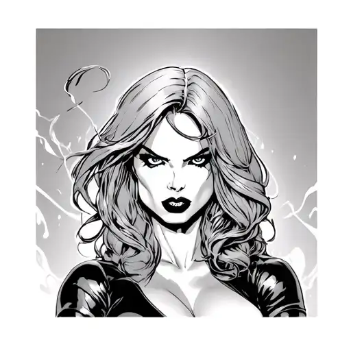 black widow from marvel with big breast and wide hips tattoo design idea