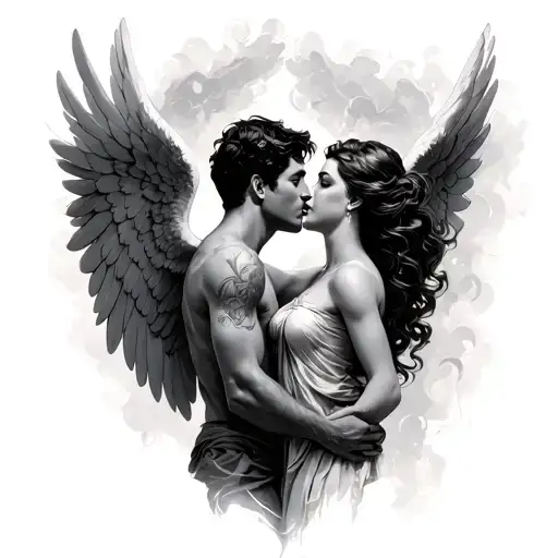 Angel woman kisses a man tattoo design idea