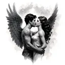 Angel woman kisses a man tattoo design idea