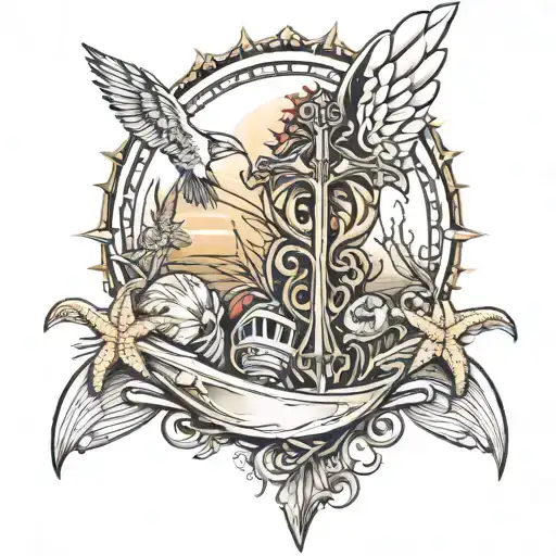 Thin long thin spine tattoo w beach theme and sea shells and a little cross on the top with angle wings on the Sides of  tattoo design idea