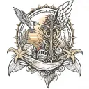 Thin long thin spine tattoo w beach theme and sea shells and a little cross on the top with angle wings on the Sides of  tattoo design idea