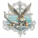 Thin long thin spine tattoo w beach theme and sea shells and a little cross on the top with angle wings on the Sides of  tattoo design idea