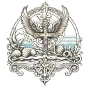 Thin long thin spine tattoo w beach theme and sea shells and a little cross on the top with angle wings on the Sides of  tattoo design idea