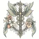 Thin long thin spine tattoo w beach theme and sea shells and a little cross on the top with angle wings on the Sides of  tattoo design idea