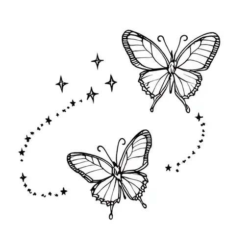 Two butterflies in fine line, with small stars to the edges tattoo design idea