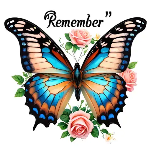 "Remember" butterfly with roses tattoo design idea