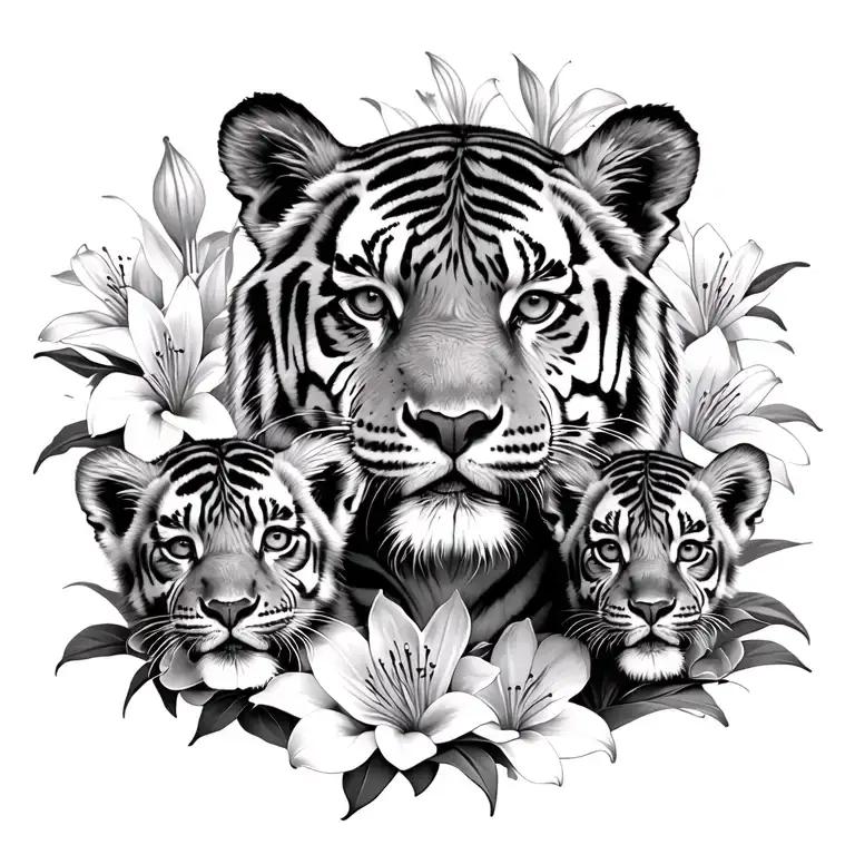 momma tiger with two cubs surrounded by Lilly's wrapped tattoo design idea