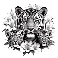 momma tiger with two cubs surrounded by Lilly's wrapped tattoo design idea