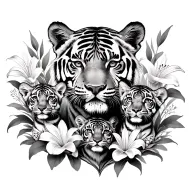 momma tiger with two cubs surrounded by Lilly's wrapped tattoo design idea