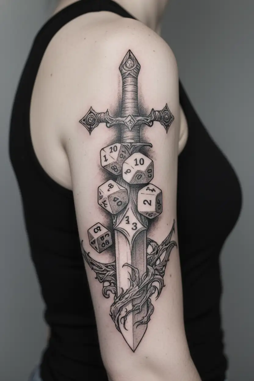 DnD detailed set of dice over a sword. details in a dotwork. Dice must contain proper numbers and be in a vertical line tattoo design idea