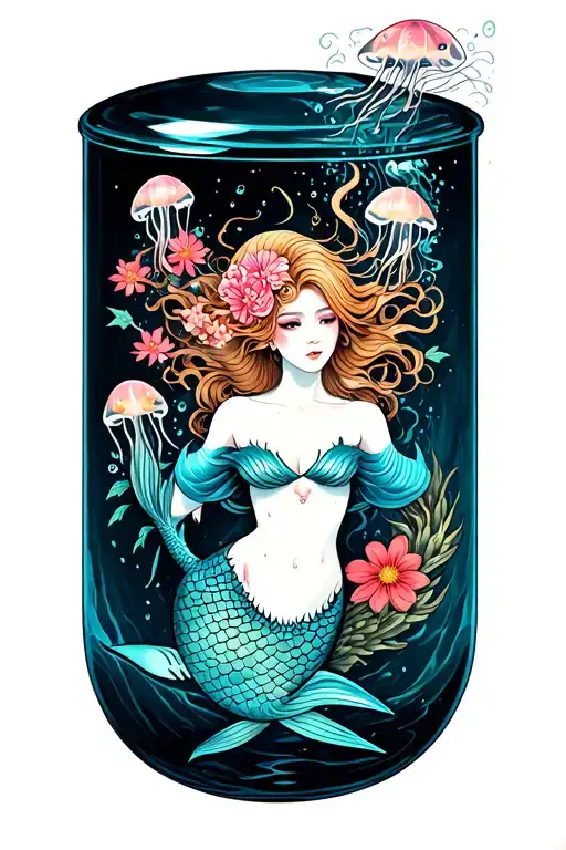 Mermaid trapped in a bottle surrounded by shark, jellyfish and flowers with Japanese style water  tattoo design idea