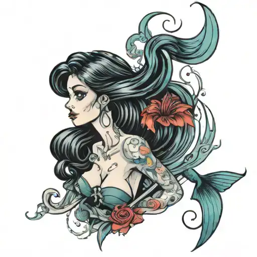 little mermaid, goth, pin-up tattoo design idea