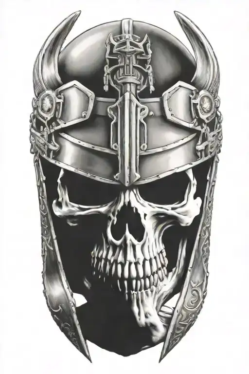 viking skull with a train and harley davidson in the background  tattoo design idea