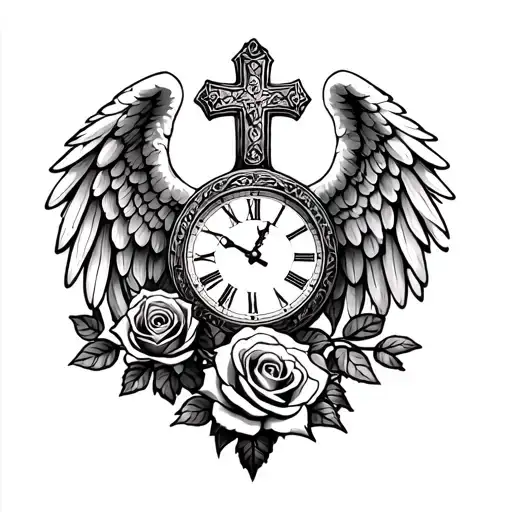 cross, rose, scripture, clock, owl and angel wings  tattoo design idea