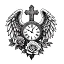 cross, rose, scripture, clock, owl and angel wings  tattoo design idea