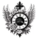 cross, rose, scripture, clock, owl and angel wings  tattoo design idea