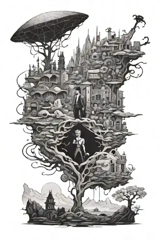 A mashup of iconic movie characters in a surreal landscape tattoo design idea