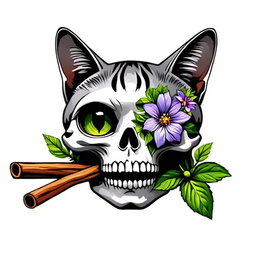 cat skull with cinnamon stick in mouth and basil flower in right eye and mint flowers in the eye tattoo design idea