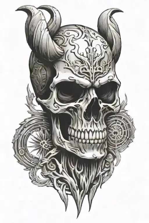 rune carved skull with horns tattoo design idea