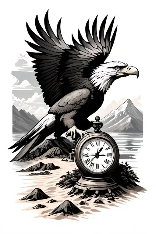 eagle with peace and sand clock and mountain landscape tattoo design idea