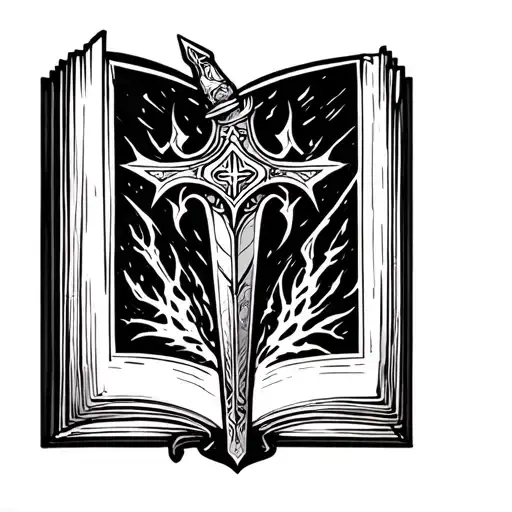 open paladin holy book with a holy dagger as a bookmark in the middle crease of the book, world of warcraft inspired tattoo design idea