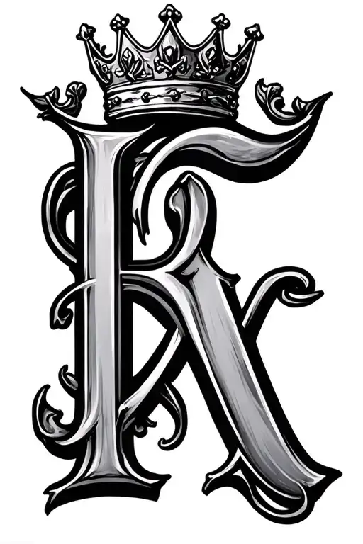 The letter R with a crown on top and XI on the bottom of the letter  tattoo design idea