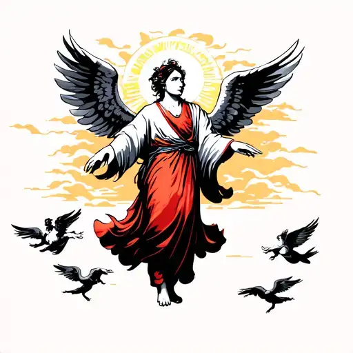 A standing angel has two angels on his right and two angels on his left, flying into the sky towards the sun. tattoo design idea