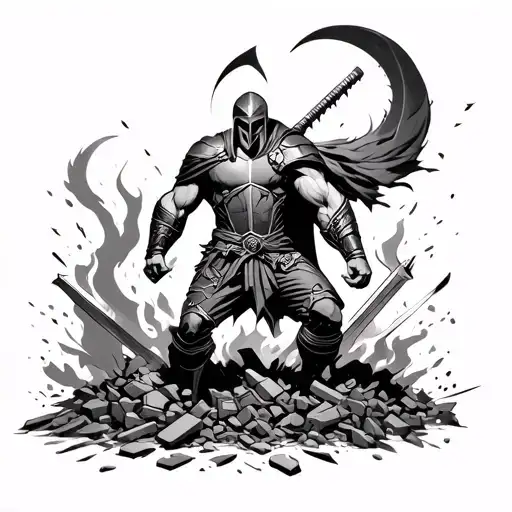 spartan rising from the ashes with rubble around him getting ready to fight demons tattoo design idea