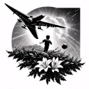a jet plane flying over a willow tree with a supernova and a boy playing football and a lily flower tattoo design idea
