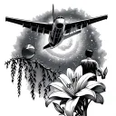 a jet plane flying over a willow tree with a supernova and a boy playing football and a lily flower tattoo design idea