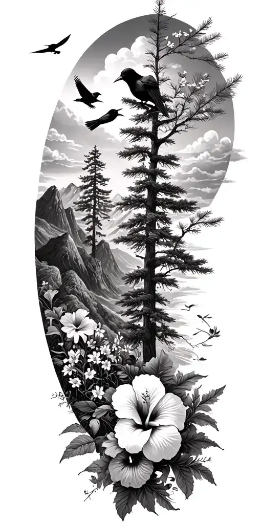 pine trees, hibiscus flowers,clouds, doves, crows, mountains, wildflowers tattoo design idea