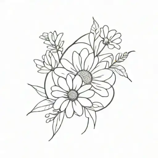 fine line tattoo black and white, with a daisy flower in the middle and two foster flowers on the side in bouquet tattoo design idea