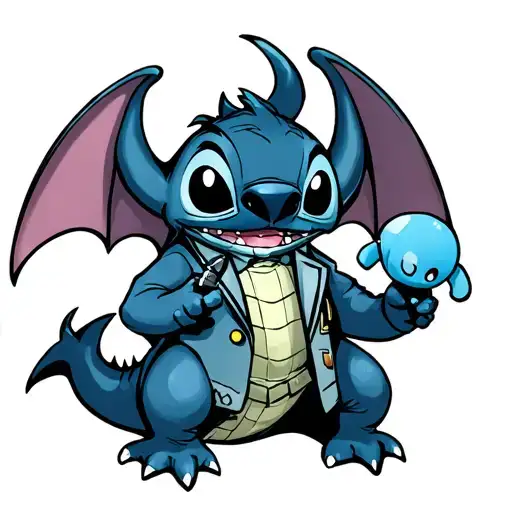 Toothless the dragon dressed The Doctor, with Stitch as a Companion, holding a Bluey toy tattoo design idea