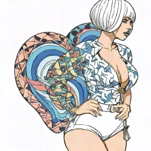 Sexy petite Woman with white short bob hairstyle, giant Boobs, Wide hips, G-String, Revealing bra, Full Body View tattoo design idea