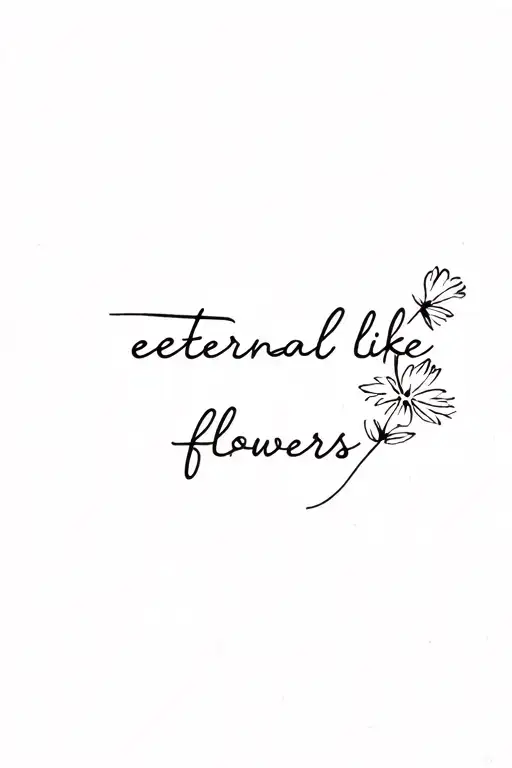 sophisticated and sensual at the same time, with the phrase "eternal like flowers" in French, in italics, with some subtle flower. tattoo design idea