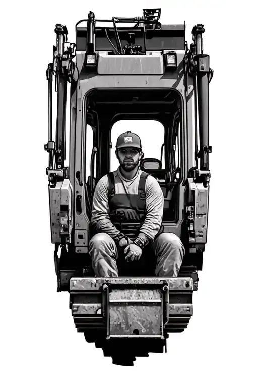 A realistic portrait of an excavator operator in their cabin, focused and determined, with detailed shading to capture the essence of hard work and dedication tattoo design idea