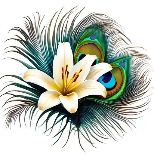 peacock feather with realistic lilly flower inbetween tattoo design idea