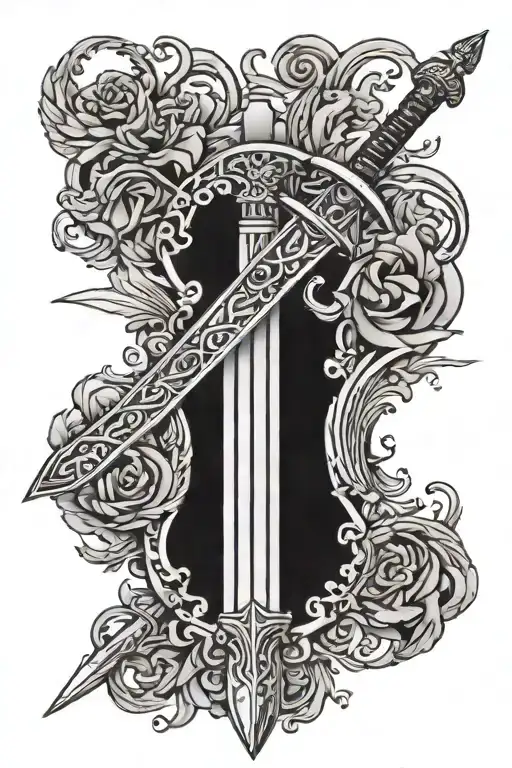 a tattoo of the sword of damocles with "Ὁ τολμῶν νικᾷ" written on the blade tattoo design idea