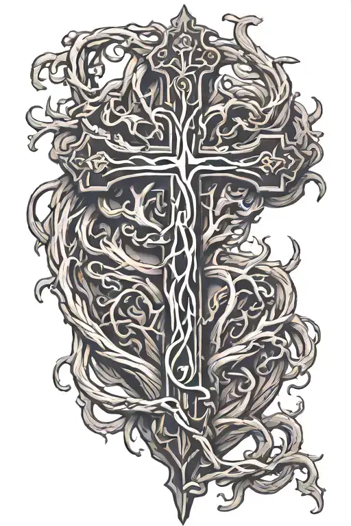 realistic christian cross with roots coming out of the bottom of the cross. the roots form the shape of a heart tattoo design idea