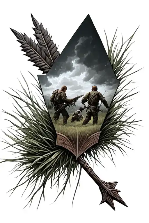 Arrowhead in grass, reflection of battle scene in arrowhead, symbolizing my fathers battle with cancer tattoo design idea