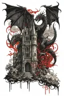 Dragon guarding a castle with a gothic cemetery behind gothic gates on the fire ground  tattoo design idea