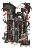 Dragon guarding a castle with a gothic cemetery behind gothic gates on the fire ground  tattoo design idea