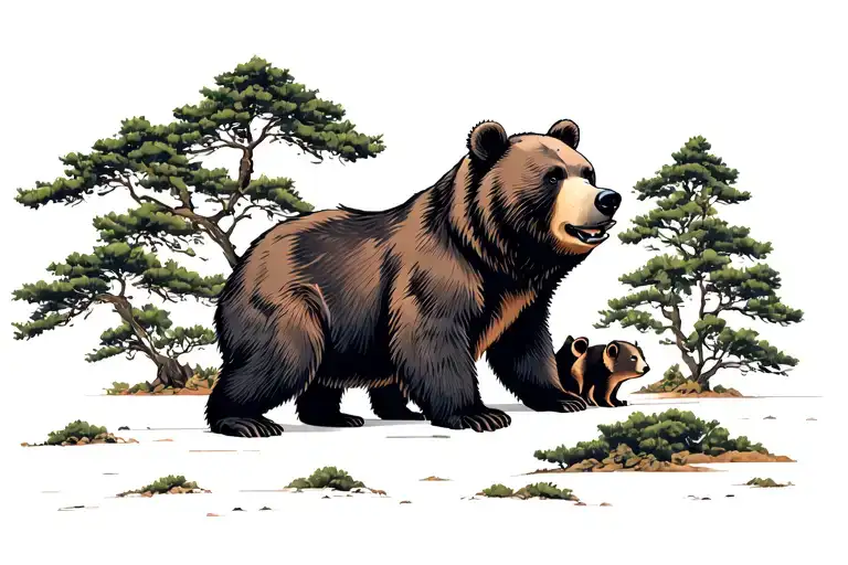 side view daddy bear w 2 cubs and trees tattoo design idea
