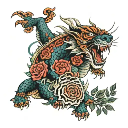 A dragon fighting with a tiger and  some roses all around and a third eye tattoo design idea