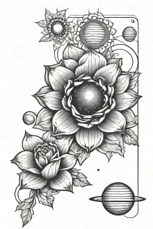 Solar system and Mandela flower blooming tattoo design idea
