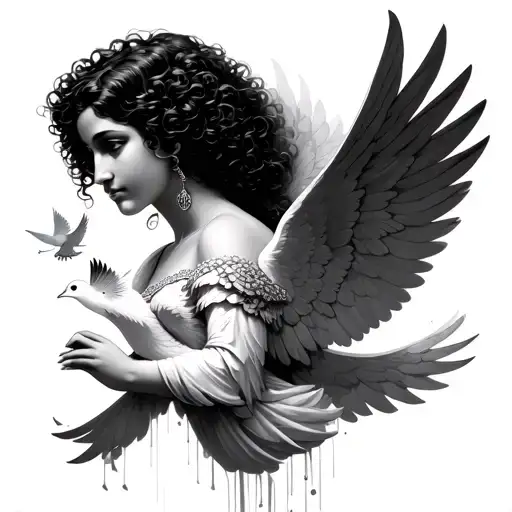 curly hair Latina guardian angel surrounded by dove birds tattoo design idea