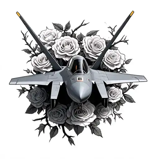 F-15 fighter jet encased in roses with thorns intertwined tattoo design idea