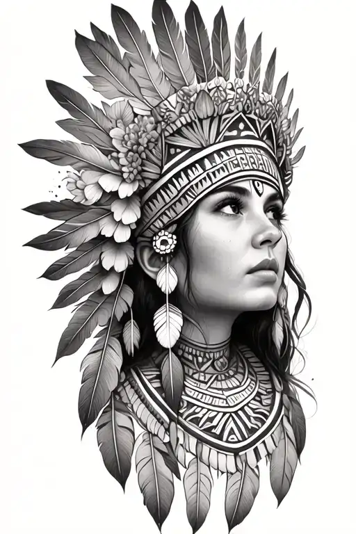 aztec warrior girl face looking up , crown intricate geometric patterns feathers , spirituality, marigolds flowes tattoo design idea